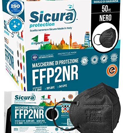 50 Mascherine FFP2 Certificate CE nere Made in Italy con Elastici Neri logo SICURA impresso BFE ≥99% Mascherina ffp2 italiana SANIFICATA e sigillata. Pluri certificata ISO 13485 e ISO 9001