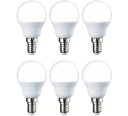 Amazon Basics - Lampadina piccola a forma di palla da golf, P45, a LED, attacco Edison E14 (SES), 5,5 W (equivalente a 40 W), luce bianca calda, non dimmerabili, confezione da 6