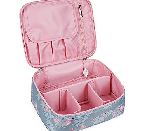 Beauty case da viaggio, grande, organizer per trucchi, per donne e ragazze (motivo: A con fenicotteri)