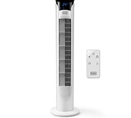 BLACK+DECKER BXEFT48E Ventilatore a Torre Digitale Oscillante e Silenzioso, con Telecomando, Altezza 81 cm, 3 Velocità 3 Modi Timer 12h Temperatura Ambiente Potente, Bianco