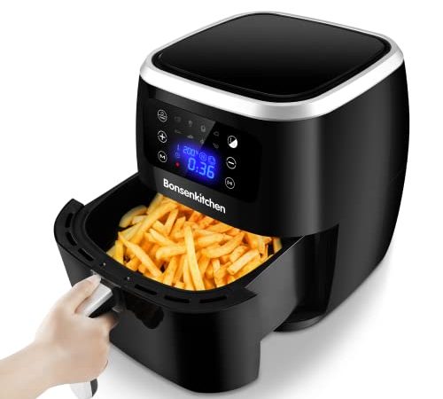 Bonsenkitchen Friggitrice ad Aria 6L, Air Fryer con 7 Programmi ,Anti-surriscaldamento, Display Digitale,Fornetto Elettrico ,No BPA o PFOA,per Patatine Fritte/Ali di Pollo/Pizza