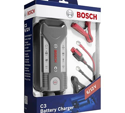 Bosch C3 Caricabatterie Intelligente e Automatico 6V-12V / 3.8A, per Batterie al Piombo-Acido, GEL, Start/Stop EFB, Start/Stop AGM per Moto, Auto e Veicoli Commerciali Leggeri