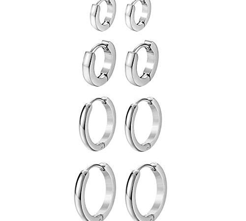 OIDEA [4 Coppie 7mm-14mm Orecchini Cerchio Ipoallergenico Uomo Donna Acciaio Inossidabile Acciaio Lucidi Argento Regalo Perfetto