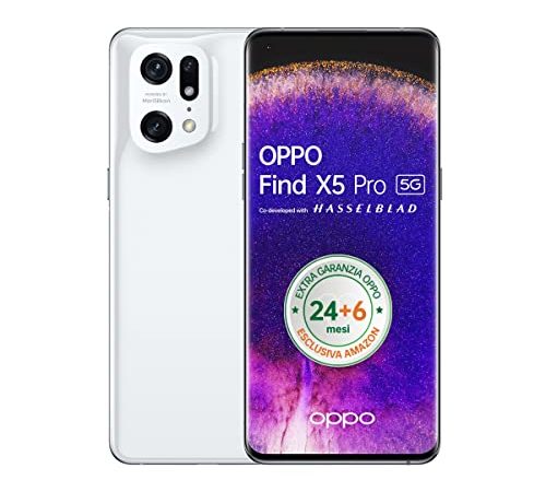 OPPO Find X5 Pro Smartphone, AI Tripla Fotocamera 50+50+13MP, Display 6.7” Refresh rate 120HZ WQHD+ 5000mAh, RAM 12GB+ROM 256GB, Android 12, [Extra Garanzia 24+6 Mesi Versione Italiana], Ceramic White