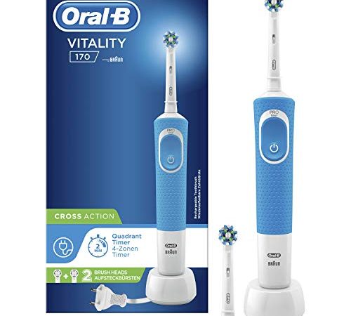 Oral-B Cross Action Vitality 170 Spazzolino Elettrico Base Ricaricabile, 1 Manico, 2 Testine, Movimento Oscillatorio e Rotatorio, con Timer, Batteria Litio, Idea Regalo, Azzurro