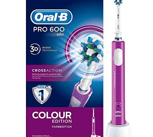 Oral-B Pro 600 Spazzolino Elettrico con Testine Oral B Cross Action, 1 Testina, 3D effect, Controllo della Pressione e Timer incorporati, Batteria Litio, Idea Regalo, Viola Colour Edition