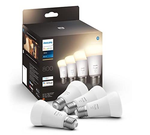 Philips Hue White 4 Lampadine LED Smart, Bluetooh, Controllo Vocale E27, 9W, Dimmerabili, 800 Lumen, Luce Bianca Calda, Bianco