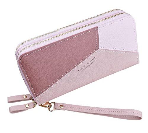 Portafoglio Donna Nuova Versione Portafoglio Donna Grande Capacità Portamonete in Pelle PU Elegante Portamonete Donna Doppio Strato con Cuciture, Rosa