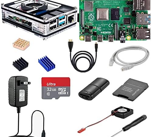 SANOOV Raspberry Pi 4 Modello B 4GB Kit di Partenza 32GB con Scheda SD/Custodia in ABS/Lettore di Schede/Ventola/Radiatore/Cavo HDMI a HDMI/5V 3A Cavo Alimentazione con Interruttore