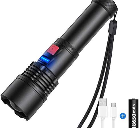 Torcia LED Ricaricabile, Elekin Torcia LED Potente Professionale Torcia Elettrica 3000 Lumen,USB Torcia Ultra Luminosa Potente con 5 Modes,IP65 Impermeabile,Zoomable 500m Distanza(Batteria Integrato)