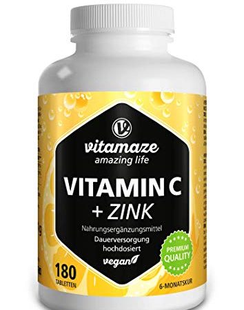 Vitamaze® Vitamina C Pura 1000 mg Alto Dosaggio + Zinco, 180 Compresse Vegan per 6 Mesi, Vitamin C Dose Forte, Qualità Tedesca, Naturale Integratore Alimentare senza Additivi non Necessari