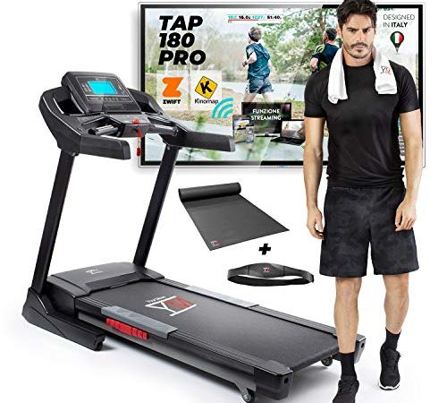 YM TAP180PRO Tapis Roulant Elettrico Professionale 22 km/h, Marchio di Qualità ITALIANO, Pieghevole, APP ZWIFT e KINOMAP, Inclinazione Automatica, Fascia Cardio + Tappeto + Ruote Inclusi, 150 kg