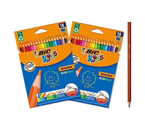 BIC Kids Matite Colorate, Evolution ECOlutions, Ottime per la Scuola, Matite Triangolari per Bambini, Colori Assortiti, 2 Confezioni x 18 Unità