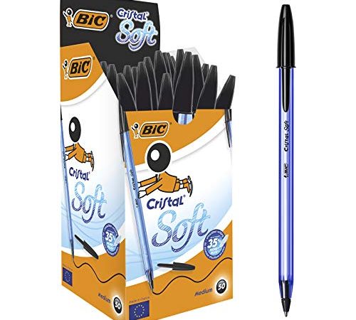 BIC Penne Nere a Sfera, Cristal Soft, Punta Media (1.2 mm), Confezione da 50 Penne, Fornitura Cancelleria Scuola e Ufficio