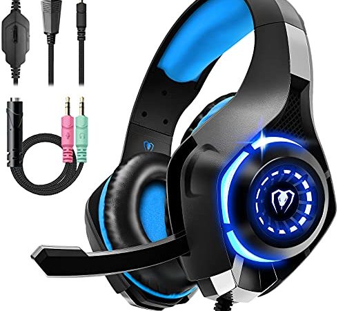 Cuffie Gaming, Cuffie Gaming con Microfono Noise Cancelling, Stereo Bass Deep, Cuscinetti Auricolari Proteici, per PS4 PS5 PC Xbox One Mac Switch, Blu