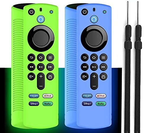 DAZUAN 2 PZ Custodia protettiva per telecomando vocale Alexa (3rd Gen) 2021, custodia in silicone antiurto per telecomando Fire TV Stick 4K 2021 con corda anti-perdita (Bagliore blu + Bagliore verde)