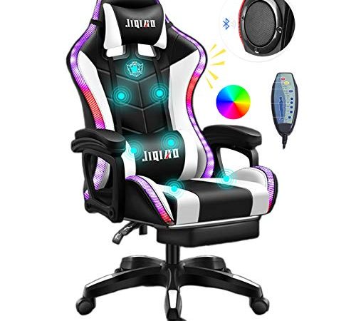 ERSHY Sedia Gaming LED Sedia da Computer da Corsa Sedia Ergonomica da Massaggio per Ufficio con Supporto Lombare E Poggiapiedi Retrattile Regolazione dello Schienale, Altoparlante Bluetooth,Bianca