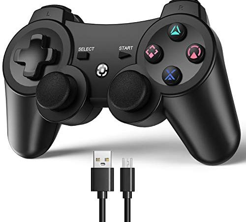 Gezimetie Joystick PS3, Bluetooth Controller con Cavo di Caricabatterie, Doppia Vibrazione Gamepad Controller Wireless Bluetooth Joystick per Playstation 3