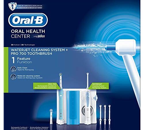 Oral-B Waterjet Pro 700 Spazzolino Elettrico con Idropulsore Dentale, 4 + 2 Testine, con Azione Pulente e Massaggiante, Batteria Litio, Idea Regalo, Bianco