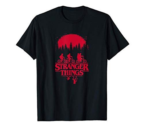 Stranger Things Group Shot Bike Ride Upside Down Silhouette Maglietta