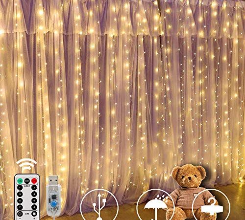 Tenda Luminosa,300 LED 3M * 3M 8 Modalità Impermeabile Tenda Luci LED con Telecomando,Luci Fatate per Tende,Catene luminose per Natale,Matrimoni,Camere da letto,Finestre,Interni,Esterni