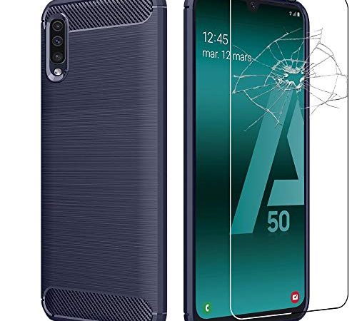 ebestStar - Cover Compatibile con Samsung A50 Galaxy SM-A505F Custodia Protezione Silicone Gel Design Fibra Carbonio Anti Scivolo, Blu Scuro + Vetro Temperato [A50: 158.5 x 74.7 x 7.7mm, 6.4"]