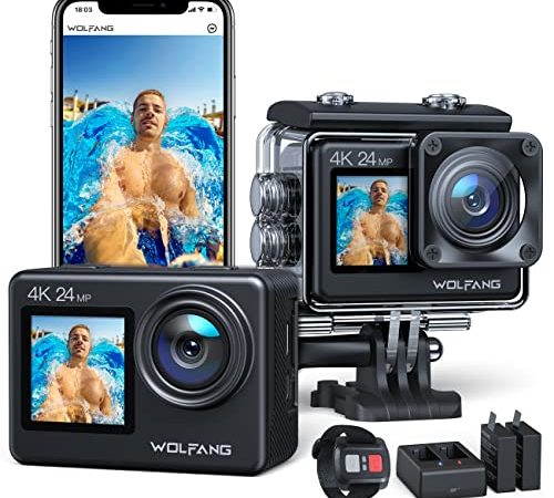 WOLFANG Dual Color Screen Action Cam GA200 4K 24MP WiFi Fotocamera 40M Impermeabile Subacquea Videocamera Casco Anti-Shock con Telecomando 2.4G, Caricabatterie, Batterie 2x1050mAh e Accessori