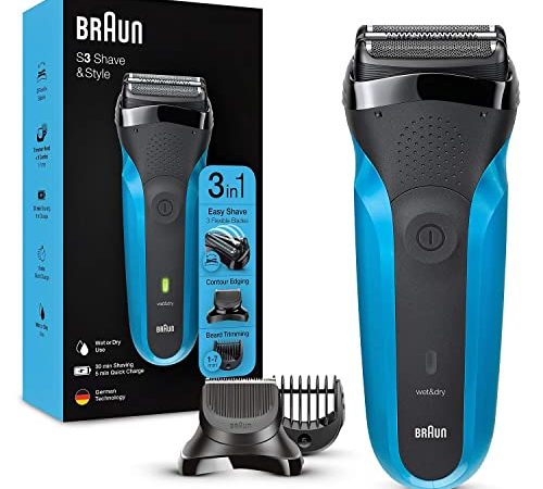 Braun Series 3, Rasoio Elettrico Barba, Accessori Inclusi, con Testina 3-Flex, Custodia da Viaggio, Idea Regalo, 310BT Nero e Blu Notte