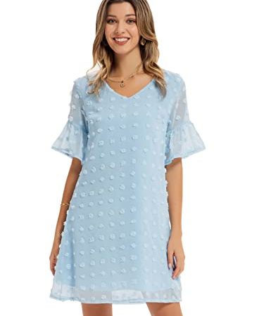 GRACE KARIN Manica Corta delle Donne Vestito Estivo Casuale Mini Abito Svizzero V Collo DOT Dress Flottante Una Linea di Abiti Corti Azzurro XL