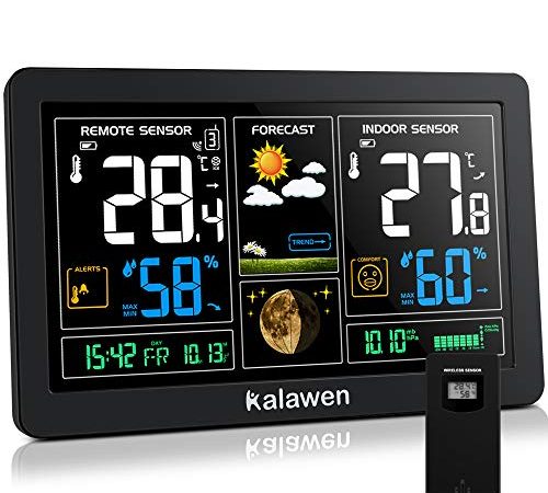 Kalawen Stazione Meteo Automatica Digitale Wireless Meteorologica con Ampio Schermo LCD Display Sveglia Tempo Data Temperatura umidità Previsioni di Tempo con Sensore Esterno Wireless