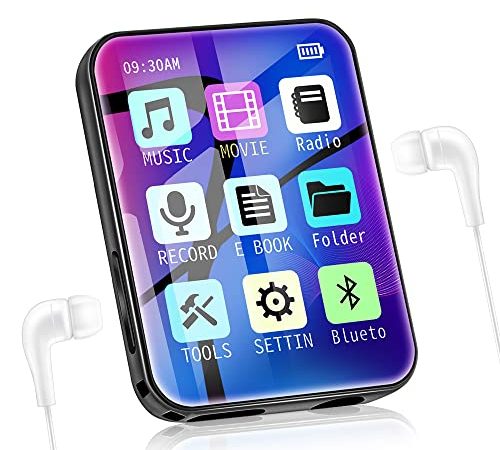 Mymahdi Lettore MP3 da 64 GB con Bluetooth 5.0 con HD Full Touch Screen Mini HiFi Lossless Sound Lettore musicale Video/Registrazione vocale/Radio FM/E-Book/Visualizzatore foto, supporto massimo 128 G