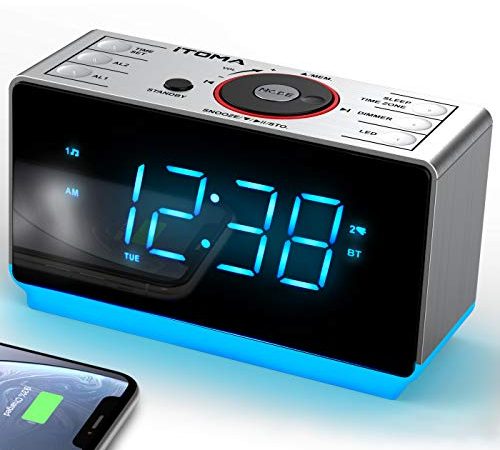 Radiosveglia con altoparlante Bluetooth, Digitale FM radio, doppia sveglia con funzione snooze, Controllo Dimmer funzione di ricarica USB del cellulare, luce notturn iTOMA CKS708