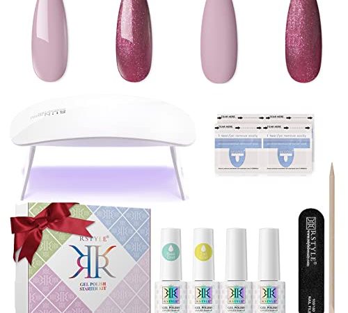 RSTYLE Kit Semipermanente Unghie, Smalto Semipermanente Kit Completo Professionale 2 coloris +2 Base e Top Coat Lampada 6W Soak Off Set Classico UV Gel Smalti per Unghie Nudo Viola 5ML