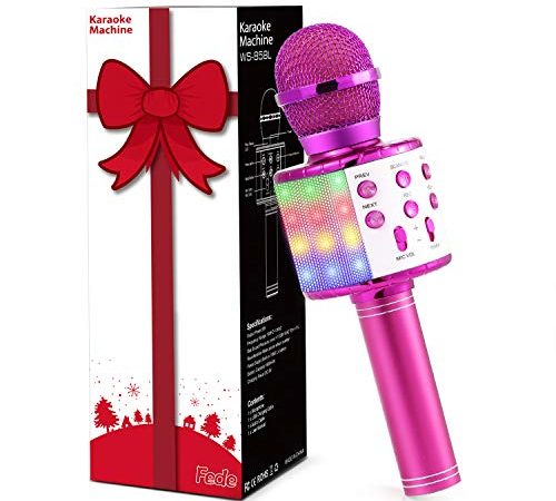 Fede Microfono Karaoke Bluetooth Wireless per Bambini, Karaoke Portatile con Luci LED Multicolore per Cantare, Funzione Eco, Compatibile con Android/iOS, PC o smartphone