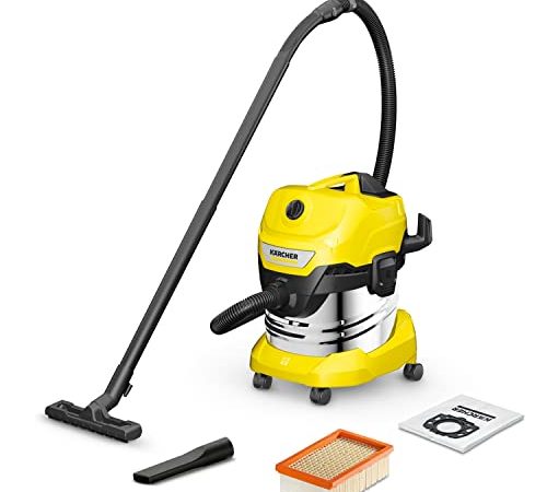 Karcher Aspiratore Solidi-Liquidi WD 4 S V-20/5/22, 1000 W, Contenitore in acciaio inossidabile da 20 l, tubo di aspirazione: 2,2 m, include Filtro piatto plissettato, Sacchetto filtro in pile