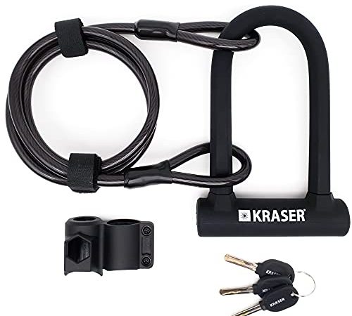 KRASER KR65145B Lucchetto a U per Bici Antifurto Bicicletta 16mm Acciaio D Lock Grillo Serratura Sicurezza Monopattino Cavo in Acciaio 4ft Lunghezza Staffa di Montaggio Universa Blocco a U Rivestito