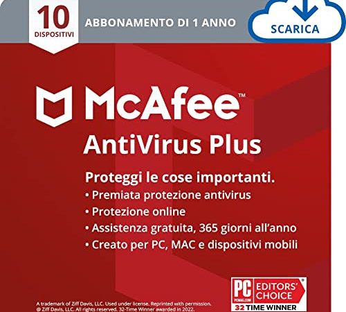 McAfee AntiVirus Plus 2022 | 10 dispositivi | Software antivirus, di sicurezza Internet e di protezione | Windows/Mac/Android/iOS | Abbonamento di 1 anno | Codice di download