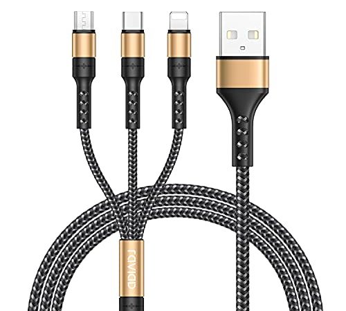 RAVIAD Multi Cavo di Ricarica, 3 in 1 Multiplo Cavetto [1.2M] Micro USB Tipo C Nylon Intrecciato Cavo di Ricarica USB per Phone 12 11 XR, Samsung M12/M32, Huawei P30 P20, Google Pixel, OnePlus- Oro