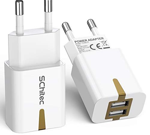 SCHITEC Caricatore USB, Caricatore USB da Muro 2 Pack 2 Porte 5V/2.1A Caricabatterie USB Presa USB Compatibile per iPhone XS XR X Samsung M20 A50 S10 A8 A7 Huawei P30 P20 Lite Mate 20 Lite, Xiaomi