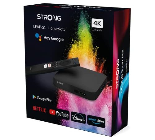 STRONG LEAP-S1 Ultra HD 4K Android TV Box Google Playstore, Netflix, Prime Video, DAZN, Disney+, Youtube, HDR10, Wifi, Telecomando Vocale, Bluetooth, Chromecast