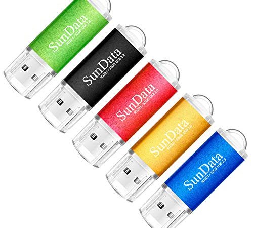 SunData 5 Pezzi 32GB Chiavetta USB Pen Drive 32GB Metallo USB2.0 Unità Memoria Flash Thumb Drive per Archiviazione Dati con Luce LED (5 colori: Nero Blu Verde Rosso Oro)