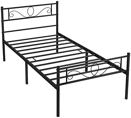 Yaheetech Letto Singolo in Ferro Battuto a Doghe Struttura Letto in Metallo 90 x 190 cm Stile Rustico Moderno Nero Portata 136 kg