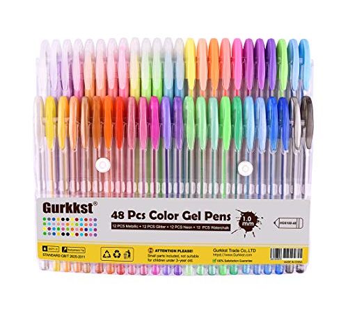 Gurkkst Set di 48 Glitterate Penne Gel Colorate per Adulti e Bambini da Colorare, Disegnare e Scrivere (12 Metallico + 12 Glitterato + 12 Neon + 12 Pastello)