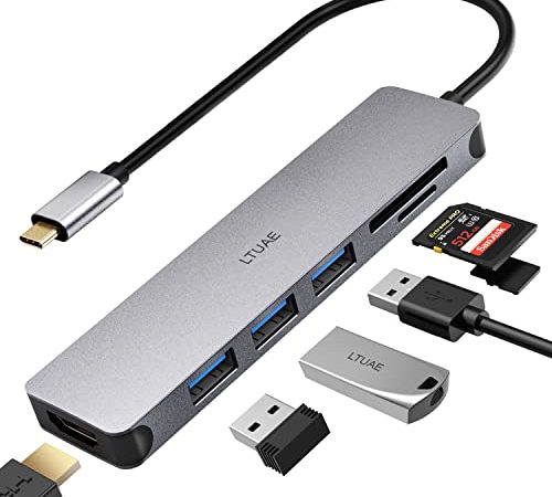 Hub USB C Adattatore Multiporta 7 in 1 USB C Hub Portatile con Ingresso HDMI 4K, 3 Porte USB 3.0, Lettore SD/Micro SD Compatibile Per MacBook Pro/Chromebook/XPS & Dispositivi USB C, Grigio Spaziale