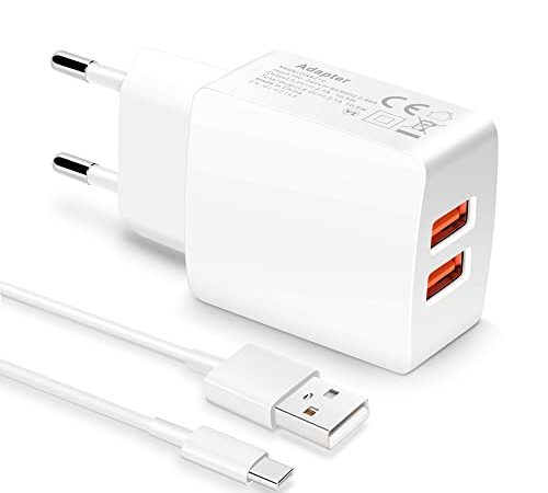 TIKALONG Caricabatterie per Samsung, Presa USB 5V/2,1A con Cavo Tipo-C 1m, Alimentatore/Caricatore a Doppia Porta da 10,5W, Compatibile con Samsung, Xiaomi, OPPO, Huawei, Moto, Nokia, Google, ecc.