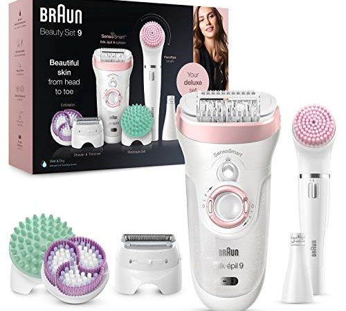 Braun Silk-épil Beauty Kit Deluxe 9-in-1 Wireless Depilazione Wet & Dry - Epilatore, rasoio, esfoliante, kit per la pulizia del viso e del corpo, 9 9-995 Bianco e Rosa