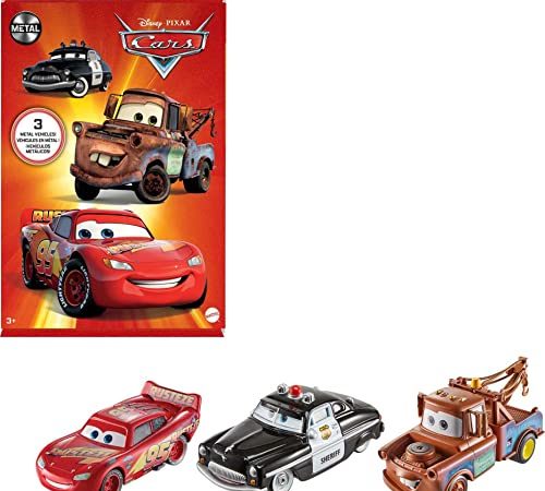 Disney Pixar Cars- Confezione da 3 Veicoli Radiator Springs, con Macchinine Saetta McQueen, Sceriffo e Cricchetto, Giocattolo per Bambini 3+ Anni, HBW14, Esclusivo Amazon