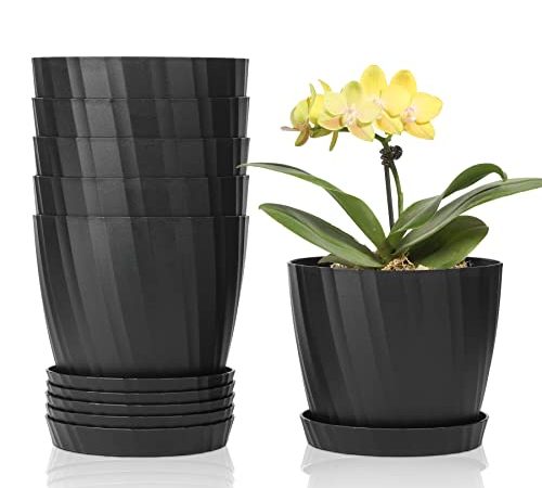 T4U 15cm Vasi per Piante Set di 6, Vasi da Esterno Plastica Rotonda, Vasi Decorativi Interno Moderni con Sottovasi per Casa e Ufficio, Nero