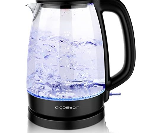 Aigostar Adam - Bollitore Acqua Elettrico in Vetro Borosilicato con LED, 1,7 litri, 2200W, Spegnimento Automatico, Filtro Anticalcare, Base di rotazione a 360° in Acciaio Inox, Teiera Senza BPA Nero