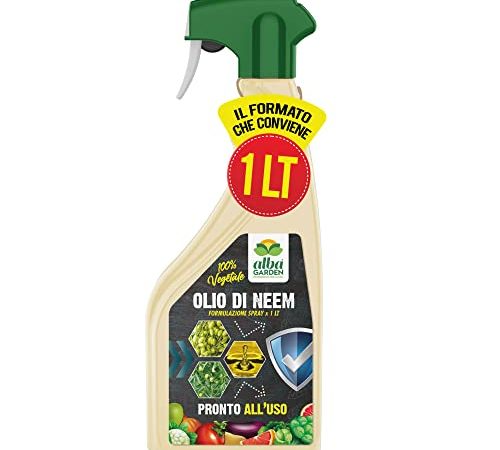 Albagarden - Olio Di Neem Per Piante 1 Litro - Naturale Concentrato Puro, Repellente Contro Insetti Funghi Acari Afidi Pulci, Cimici, Pidocchi, Ragnetto, Cocciniglia, Zanzare - Spray Pronto Uso